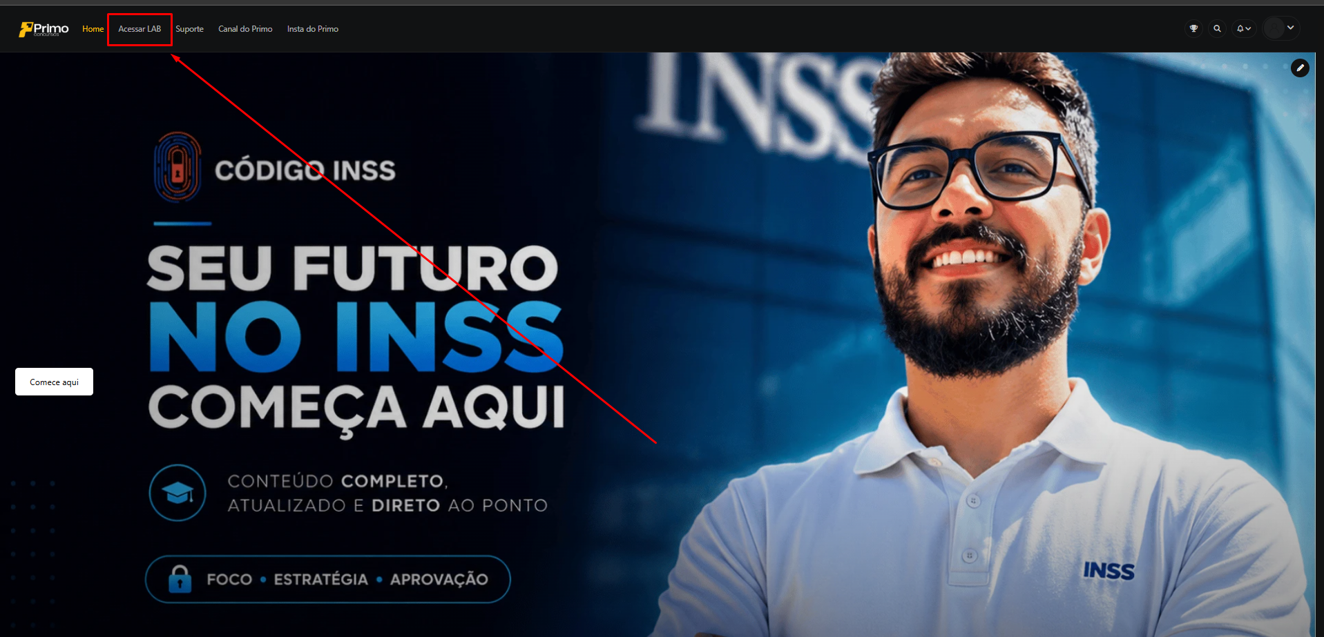 Área de membros do Código INSS com o menu Acessar LAB destacado